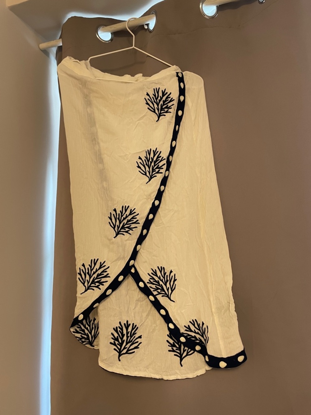 White Wrap Skirt with Navy Coral Embroidery